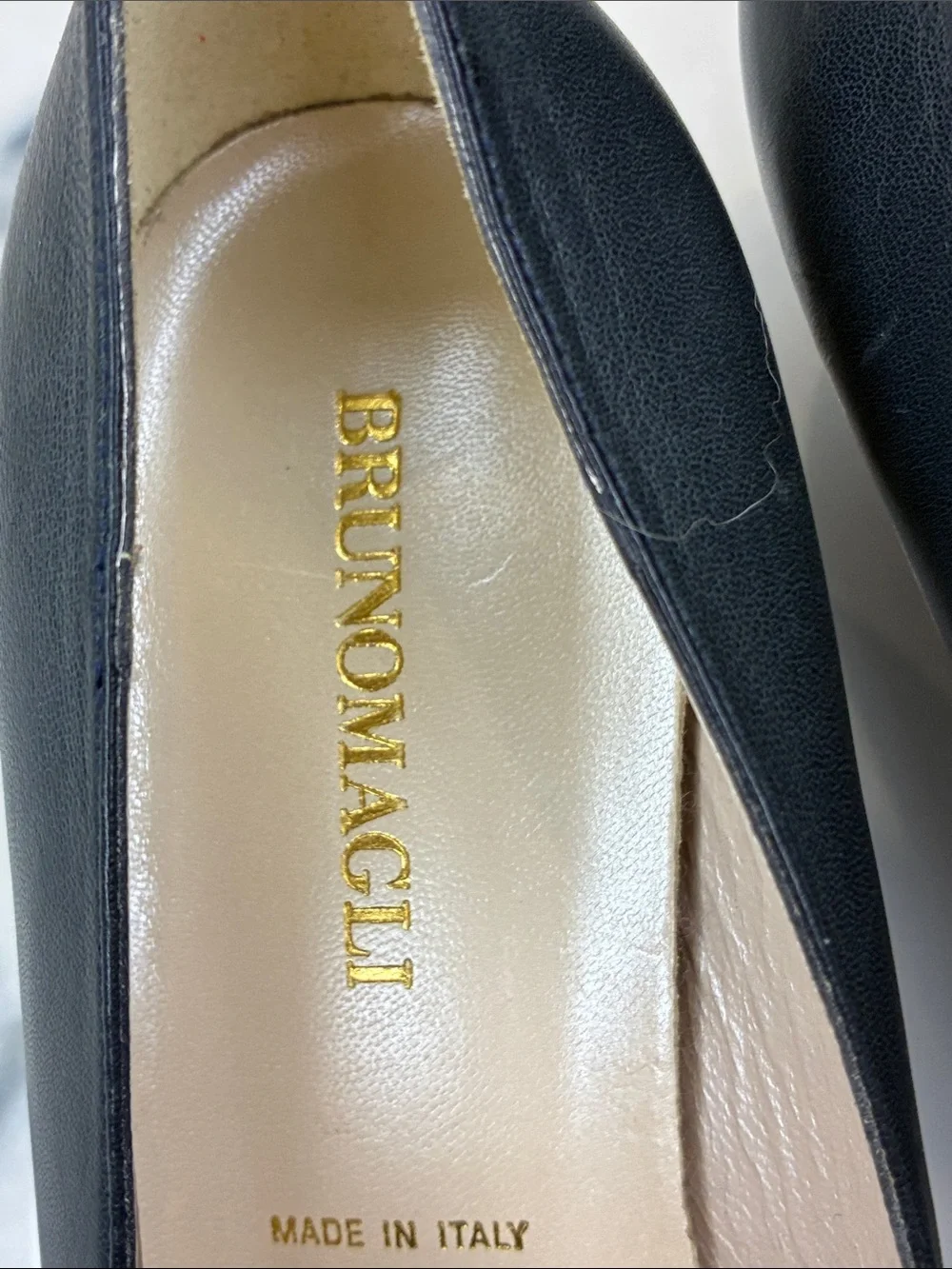 Bruno Magli Navy Leather Pumps with Black Patent Square Toe Cap